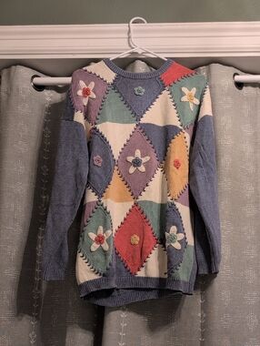 Patchwork Floral Appliqué Crewneck Sweater - Multi